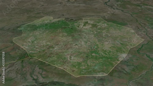 South Kurdufan, state with its capital, zoomed and extruded on the satellite map of Sudan in the conformal Stereographic projection. Animation 3D photo