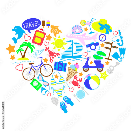 Icons of different colors of travel, resort, diving and recreation laid out in the form of a heart isolated on white background.