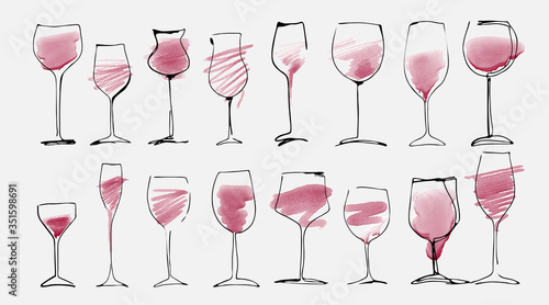 Watercolor and hand drawn sketch of wine glasses set with red wine. Wine glass collection isolated on white, art design.