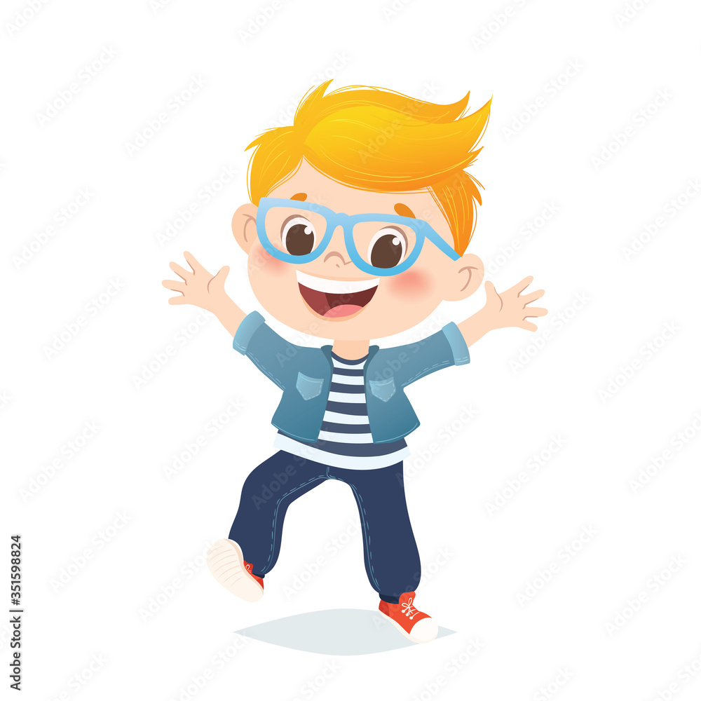 Vector european boy with eyeglasses jumping and laughing. Cartoon character design, isolated on white background.
