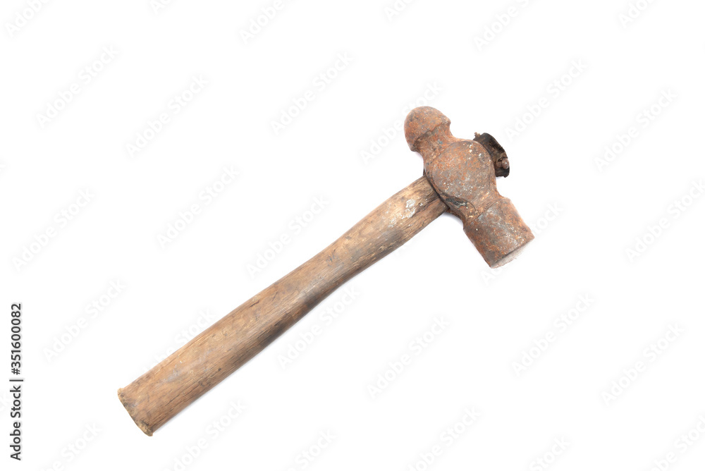 old rusty and dirty wooden handle hammer isolated on white background. old rusty and dirty wooden handle hammer isolated on white background.