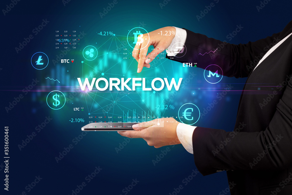 Close-up of a touchscreen with WORKFLOW inscription, business opportunity concept Close-up of a touchscreen with WORKFLOW inscription, business opportunity concept