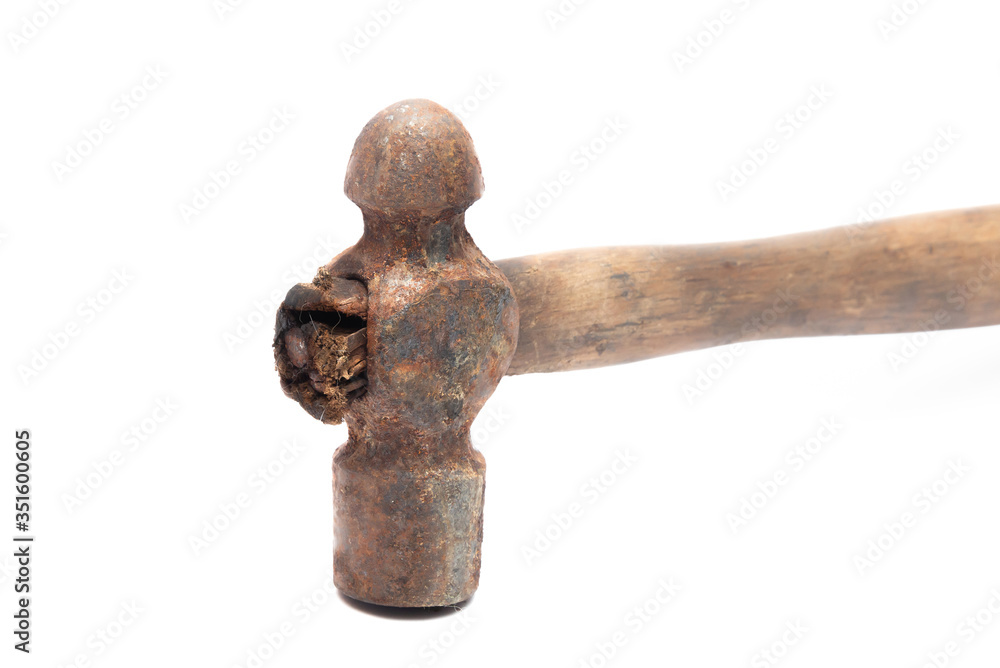 old rusty and dirty wooden handle hammer isolated on white background.