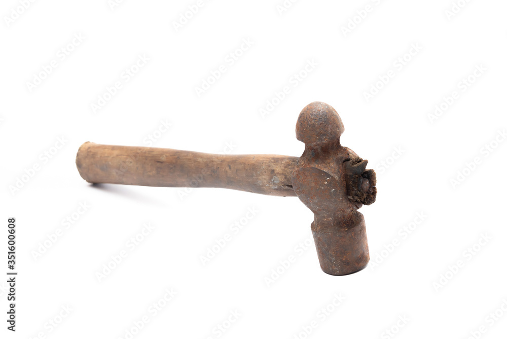 old rusty and dirty wooden handle hammer isolated on white background. old rusty and dirty wooden handle hammer isolated on white background.