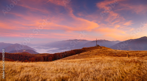 Attractive morning moment in alpine countryside. Magical sunset.