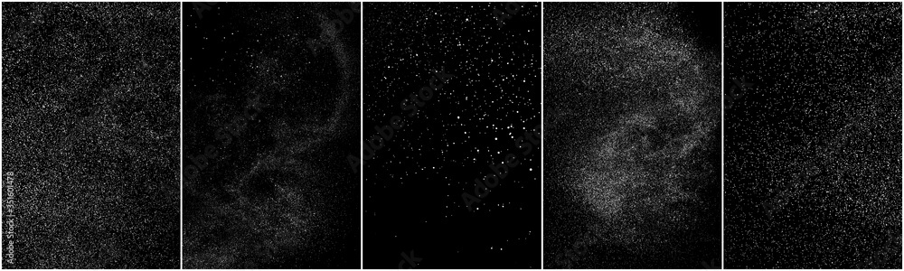 Set of distressed white grainy texture. Dust overlay textured. Grain noise particles. Snow effects pack. Rusted black background. Vector illustration, EPS 10.
