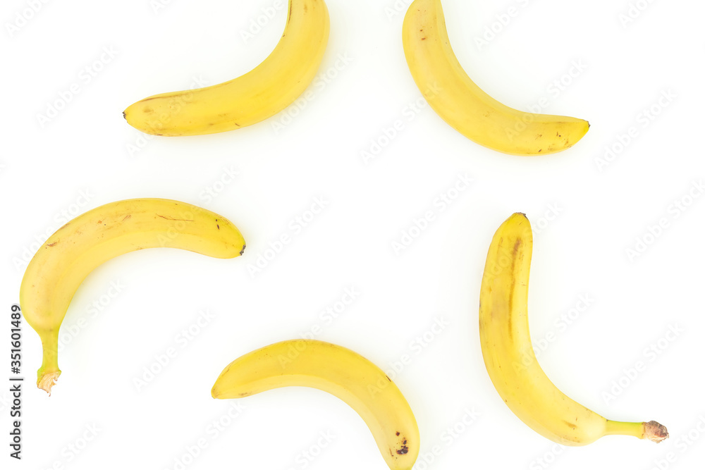 Banana on white background.Summer concept with bananas.  Flat lay. Top view.