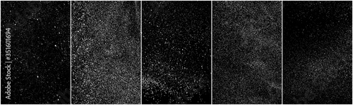 Set of distressed white grainy texture. Dust overlay textured. Grain noise particles. Snow effects pack. Rusted black background. Vector illustration, EPS 10.   