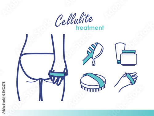 Vector illustration of cellulite treatment. Dry brush massage, anti-celullite cream, body wraps. Femalle ass