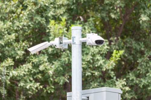 CCTV camera for security outdoor building safety system area control and copy space.