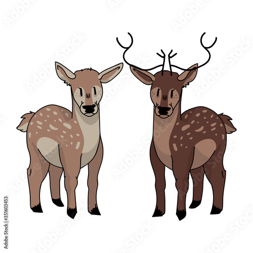 Cute forest doe and buck love vector illustration. Buck deer with antlers. Childlish hand drawn doodle style. For game animal decor, boho kids fashion, trendy doodle woodland graphic design. 