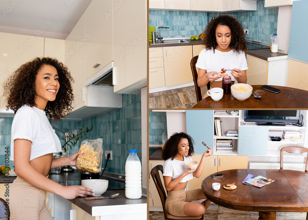 © LIGHTFIELD STUDIOS - collage of happy african american woman holding packs with cornflakes near bowls and cups near smartphones with blank screen