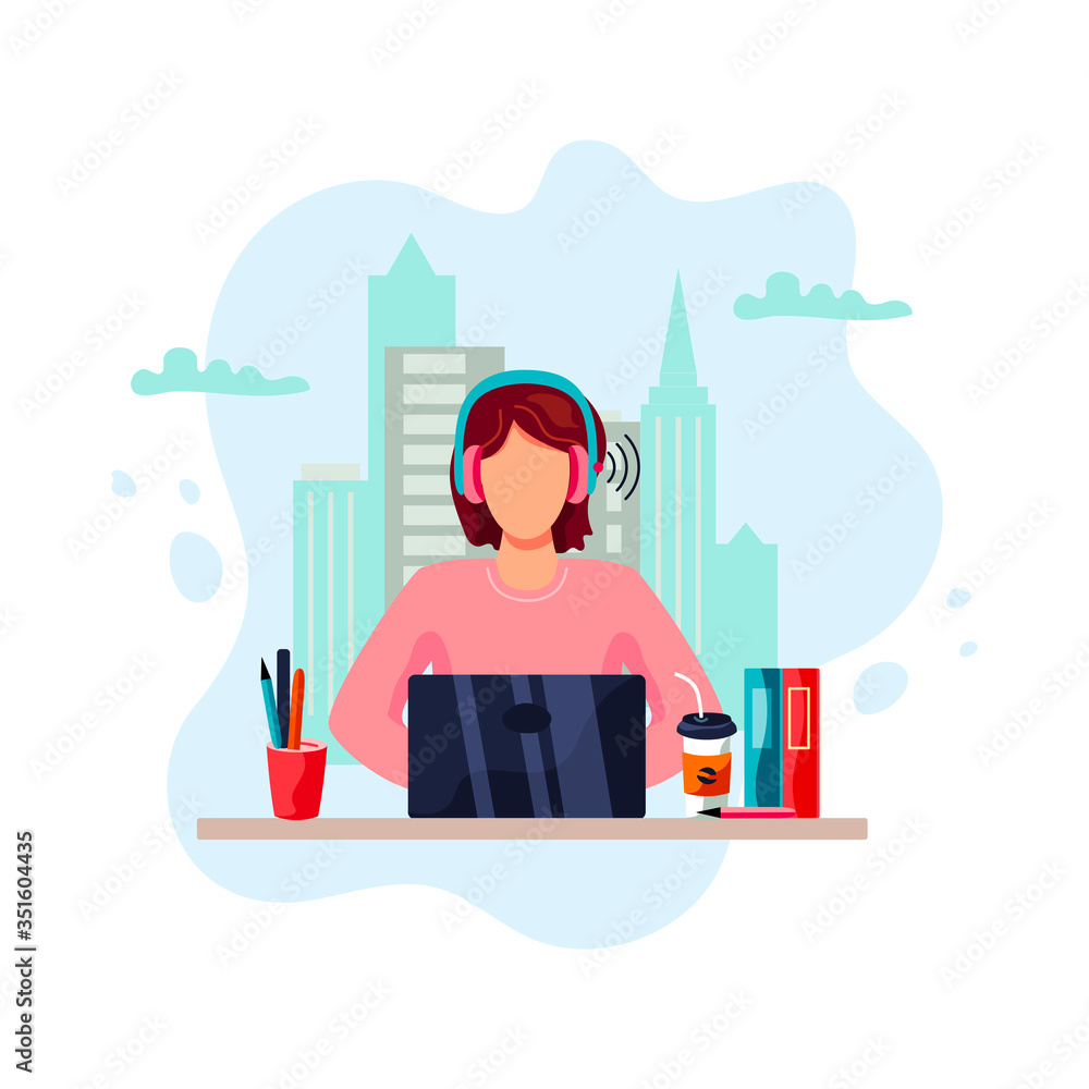 Female person is sitting on urban view background and working on laptop. Flat cartoon style design. Vector illustration. Female person is sitting on urban view background and working on laptop. Flat cartoon style design. Vector illustration.