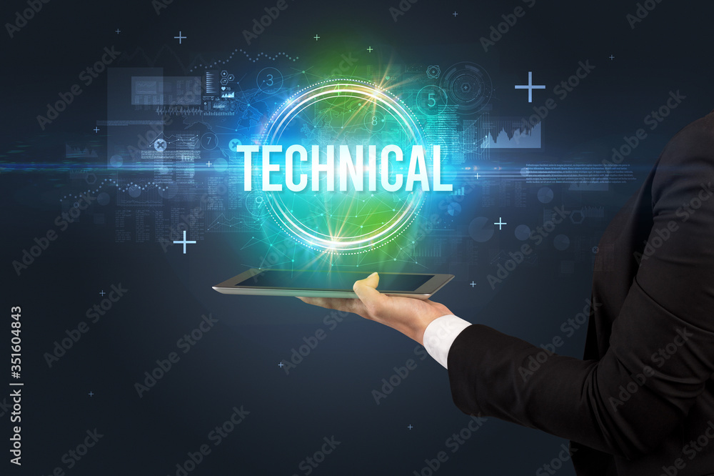 Close-up of a touchscreen with TECHNICAL inscription, new technology concept Close-up of a touchscreen with TECHNICAL inscription, new technology concept