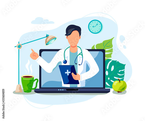 Tele medicine, online doctor and medical consultation concept. Doctor helps a patient on a laptop. Flat cartoon style vector illustration.