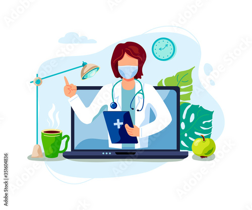 Tele medicine, online doctor and medical consultation concept. Female doctor helps a patient on a laptop. Flat cartoon style vector illustration.