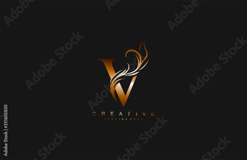 V Linked Artistic Gradient Gold Flourish Swoosh Shape Logotype