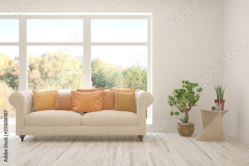 Wallpaper Mural Stylish room in white color with sofa and autumn landscape in window. Scandinavian interior design. 3D illustration Torontodigital.ca