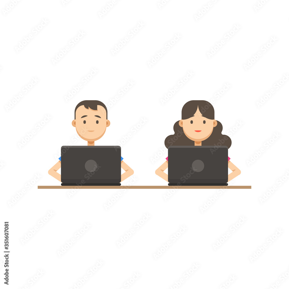 Boy and girl working at the computer vector illustration in flat style, isolated on white background Boy and girl working at the computer vector illustration in flat style, isolated on white background