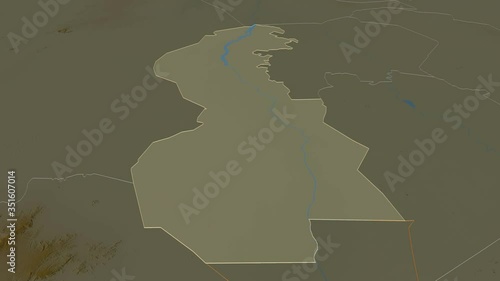White Nile, state with its capital, zoomed and extruded on the relief map of Sudan in the conformal Stereographic projection. Animation 3D photo