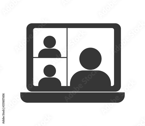 Video conference icon. People on computer screen. Home office in quarantine times. Digital communication. Internet teaching media.