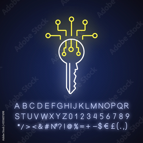 Digital key neon light icon. Information security. Data encryption. Identification technology. Outer glowing effect. Sign with alphabet, numbers and symbols. Vector isolated RGB color illustration