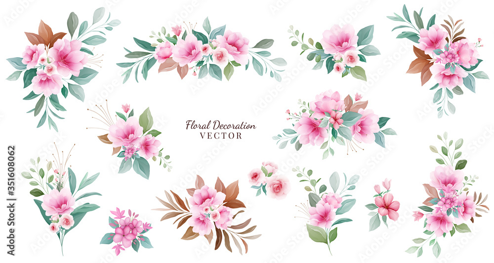 Floral decoration vector set. Botanic arrangements illustration of pink and red flowers, leaf, branch. Botanic elements for wedding, greeting card, or logo composition vector Floral decoration vector set. Botanic arrangements illustration of pink and red flowers, leaf, branch. Botanic elements for wedding, greeting card, or logo composition vector