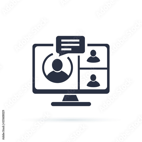 Video conference icon. People on computer screen. Home office in quarantine times. Digital communication. Teaching media