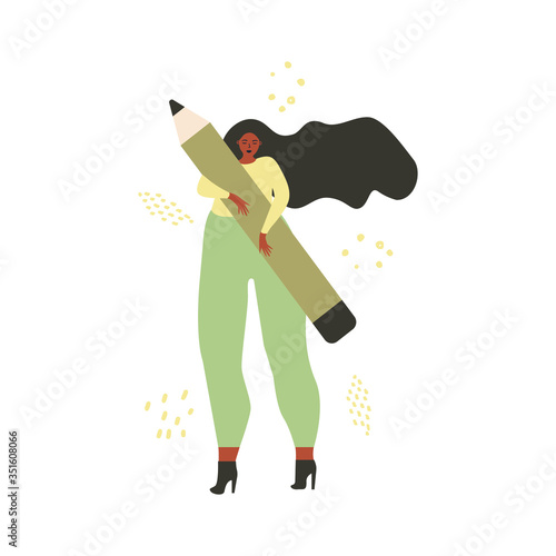 Illustration of a woman holding a pencil. Freedom of creativity. The process of writing. Creative girl. Flat style modern design for web page, social networks, poster, banner