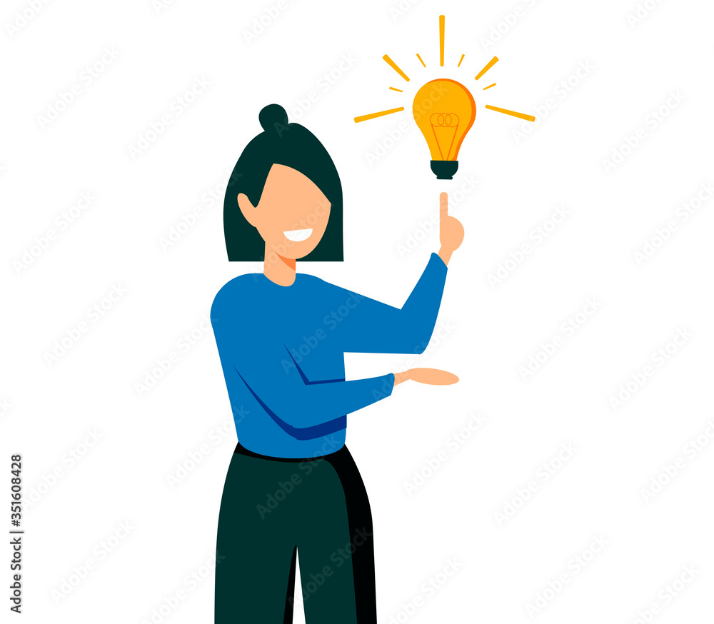 Businesswoman characters. Young office business woman with idea bulb vector isolated presenting character Businesswoman characters. Young office business woman with idea bulb vector isolated presenting character