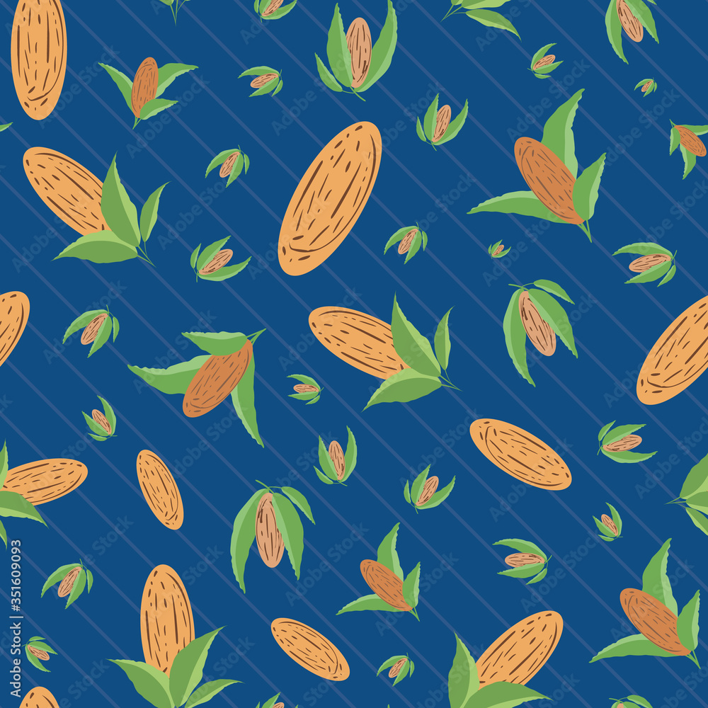 Almond vector seamless pattern background. Assorted brown oval nuts with leaves on diagonal stripe blue backdrop. Mixture of kernel seed shells all over print for food, health, nutrition concept Almond vector seamless pattern background. Assorted brown oval nuts with leaves on diagonal stripe blue backdrop. Mixture of kernel seed shells all over print for food, health, nutrition concept
