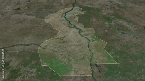 White Nile, state with its capital, zoomed and extruded on the satellite map of Sudan in the conformal Stereographic projection. Animation 3D photo
