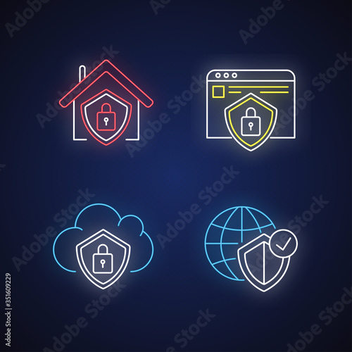 Internet security system neon light icons set. Smart home lock. Cloud computing safety. Personal information protection. Signs with outer glowing effect. Vector isolated RGB color illustrations