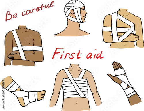 Trauma bandaging technique, first aid medical emergency. Vector hand drawn of people bandage and guide for leg, arm, head, ribs fracture injury. 