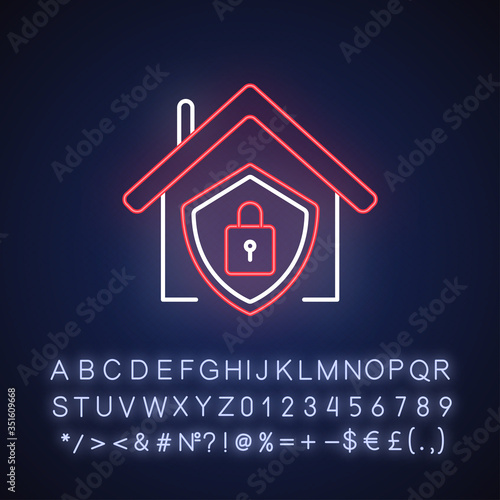 Smart home security system neon light icon. Modern house alarm. Building electronic lock. Outer glowing effect. Sign with alphabet  numbers and symbols. Vector isolated RGB color illustration