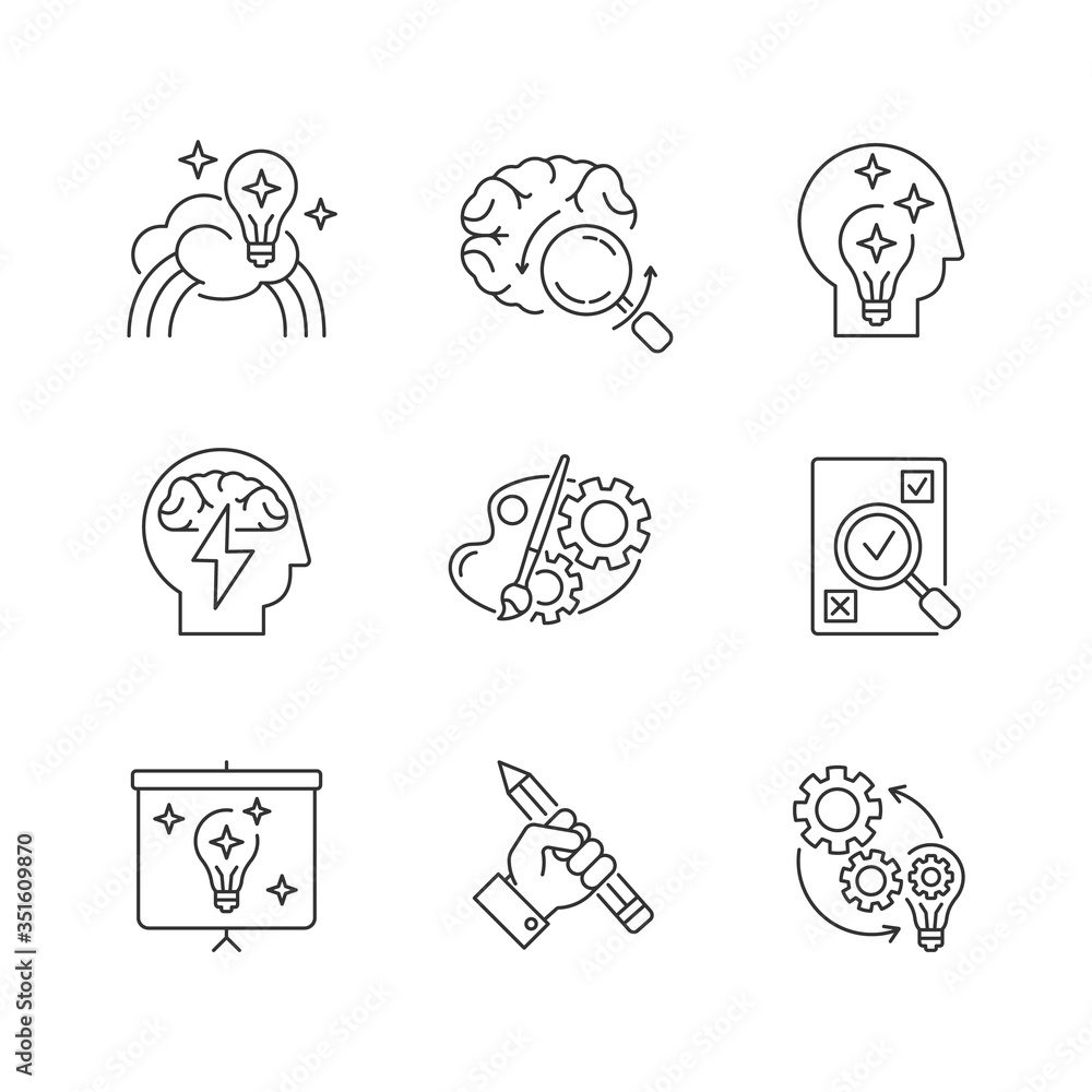 Creative mind workflow pixel perfect linear icons set. Inspiration for project development. Customizable thin line contour symbols. Isolated vector outline illustrations. Editable stroke