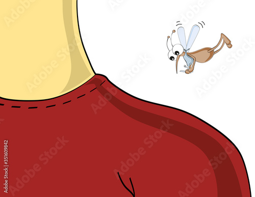 Hungry mosquito flying with fork and knife prepared to bite a human. Cartoon style humorous funny vector illustration.