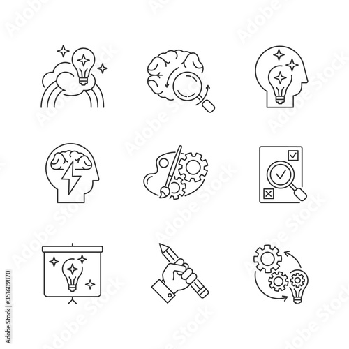 Creative mind workflow pixel perfect linear icons set. Inspiration for project development. Customizable thin line contour symbols. Isolated vector outline illustrations. Editable stroke