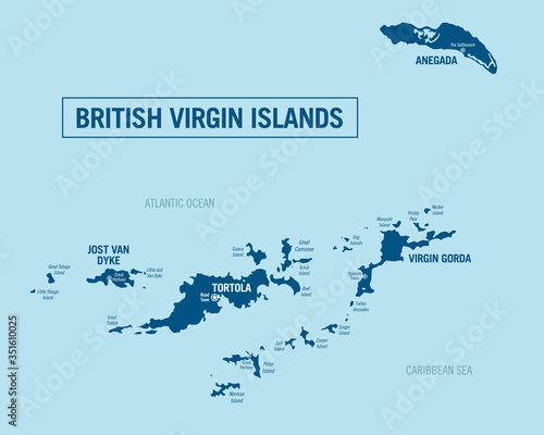 British Virgin Islands political map. Detailed vector illustration with isolated islands and cities.