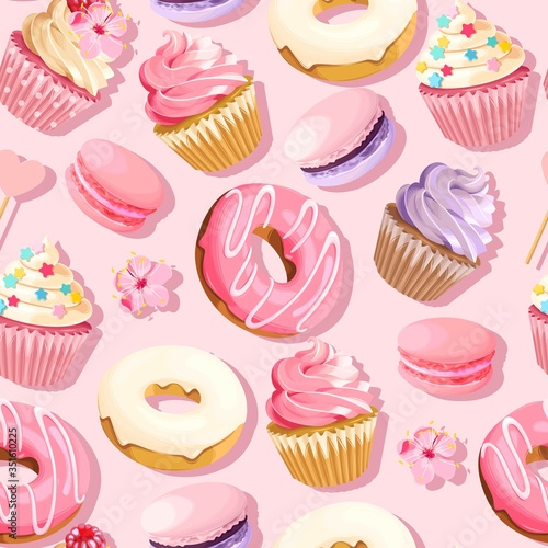 Vector seamless pattern with cupcakes and donuts