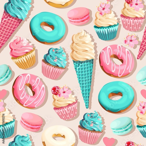 Vector seamless pattern with cupcakes and donuts