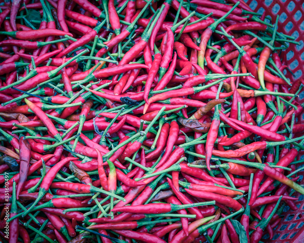 Filtered image group of red hot chili peppers in plastic basket at farmer market in Vietnam