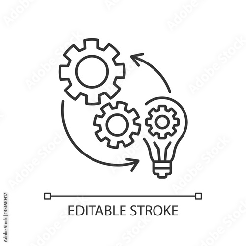 Implementation pixel perfect linear icon. Optimization of mechanical production process. Thin line customizable illustration. Contour symbol. Vector isolated outline drawing. Editable stroke