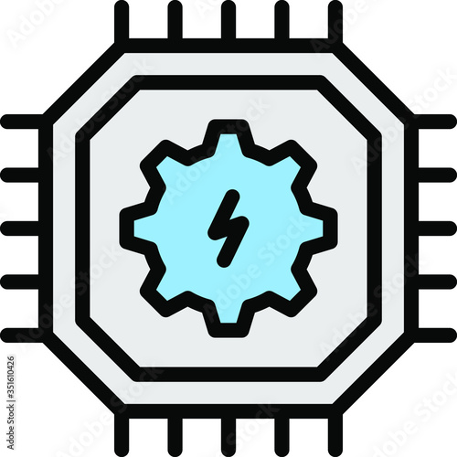high performance robotic energy saving microprocessor chip vector color icon design, mechatronic engineering concept. Silicone Chip with Thunder Bolth Sign 