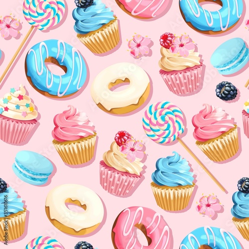 Vector seamless pattern with cupcakes and donuts