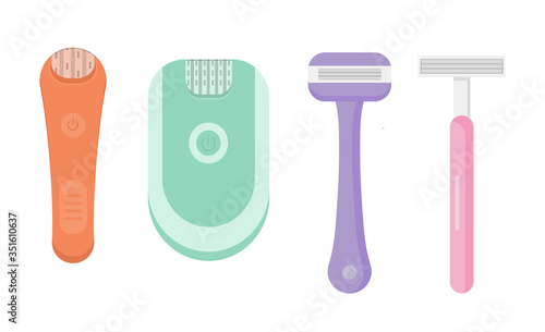 Set with hair removal devices and supplies for women set. Beauty epilator set. Epilation and depilation tool for smooth skin. Cartoon flat vector illustration.