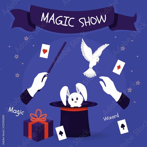 Magic show, performance with white rabbit, dove, pigeon, mistery gift, hands in gloves, cards. Illusionist, wizard entertainment, event.