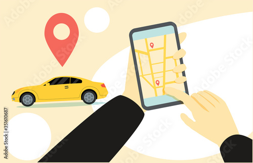 Vector illustration of autonomous wireless parking remote connected car sharing service controlled via smartphone app. Hands holding phone location mark of smart electric car in modern city skyline.