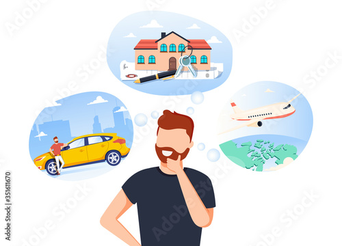 Man think about house, car and vacation on the sea. Male character dream about wealth. Flat vector illustration