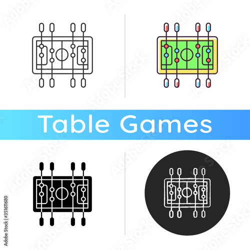Table soccer icon. Traditional friendly party recreational activity. Linear black and RGB color styles. Competitive bar, pub game. Miniature football table isolated vector illustrations